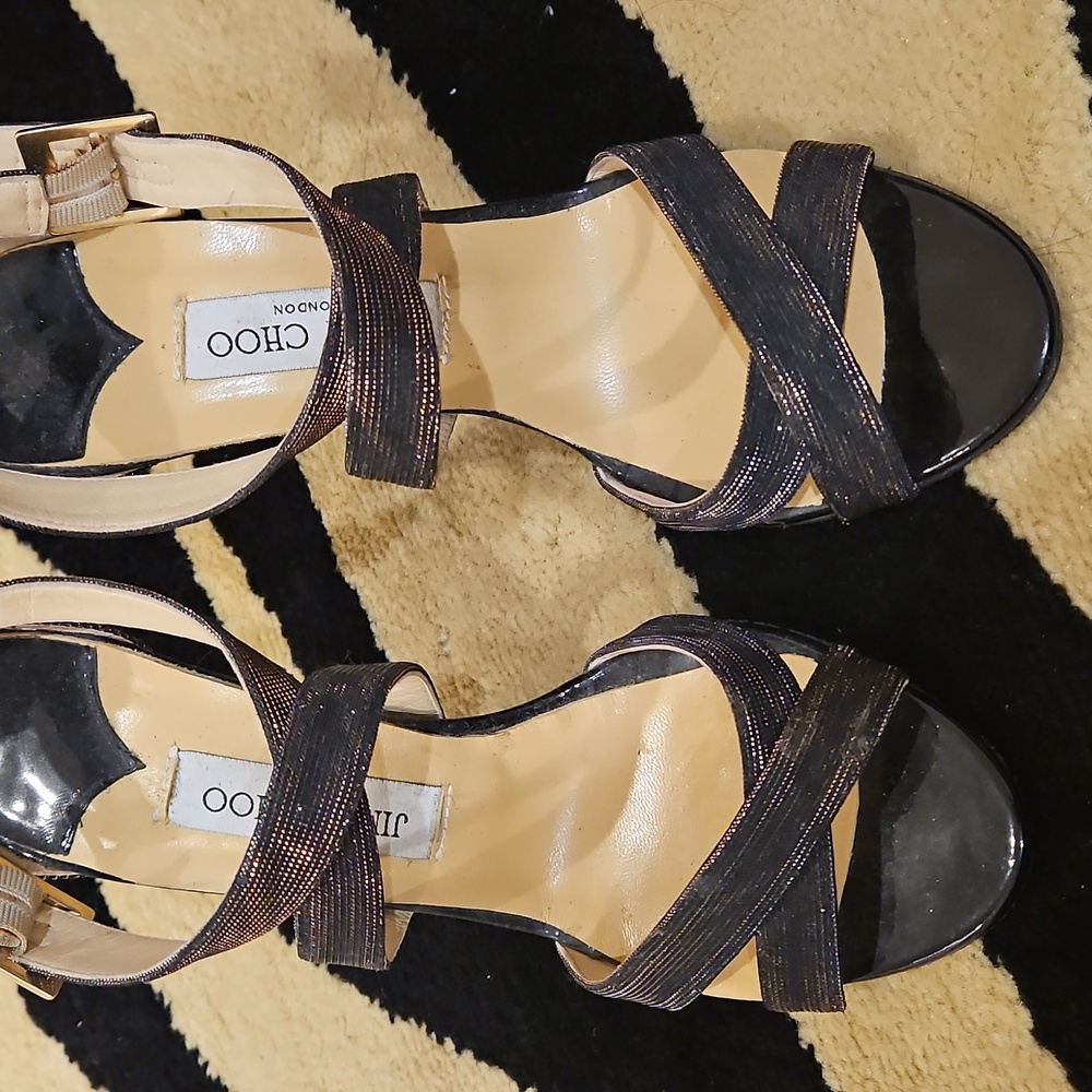 Jimmy Choo Black and Gold Strappy Heels